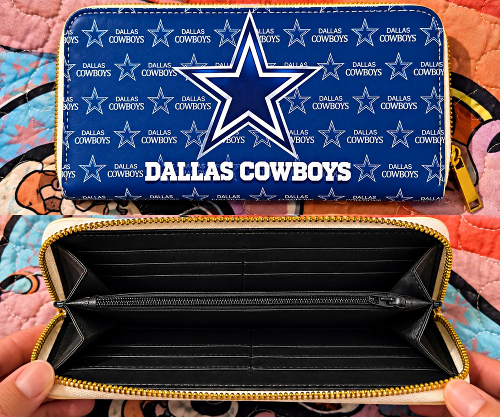 Dallas Cowboys Faux Leather Zip-Around Wallet Blue White Logo Print Credit Card